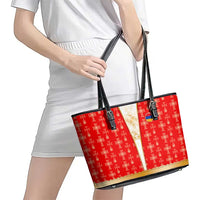 Armenian Traditional Red Leather Tote Bag with Gold Cross Pattern and Flag Crest - Wonder Print Shop