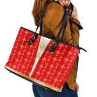 Armenian Traditional Red Leather Tote Bag with Gold Cross Pattern and Flag Crest - Wonder Print Shop