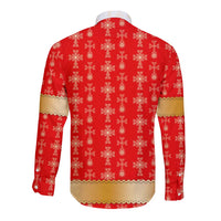 Armenian Traditional Red Long Sleeve Button Shirt with Gold Cross Pattern and Flag Crest - Wonder Print Shop