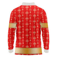 Armenian Traditional Red Long Sleeve Polo Shirt with Gold Cross Pattern and Flag Crest - Wonder Print Shop