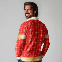 Armenian Traditional Red Long Sleeve Polo Shirt with Gold Cross Pattern and Flag Crest - Wonder Print Shop