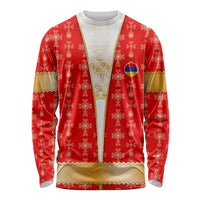 Armenian Traditional Red Long Sleeve Shirt with Gold Cross Pattern and Flag Crest - Wonder Print Shop