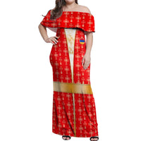 Armenian Traditional Red Off Shoulder Maxi Dress with Gold Cross Pattern and Flag Crest - Wonder Print Shop