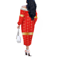 Armenian Traditional Red Off The Shoulder Long Sleeve Dress with Gold Cross Pattern and Flag Crest - Wonder Print Shop