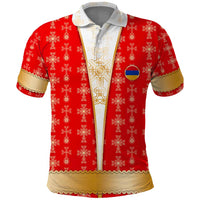 Armenian Traditional Red Polo Shirt with Gold Cross Pattern and Flag Crest - Wonder Print Shop
