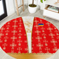 Armenian Traditional Red Round Carpet with Gold Cross Pattern and Flag Crest - Wonder Print Shop