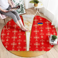 Armenian Traditional Red Round Carpet with Gold Cross Pattern and Flag Crest - Wonder Print Shop