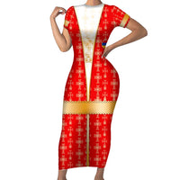 Armenian Traditional Red Short Sleeve Bodycon Dress with Gold Cross Pattern and Flag Crest - Wonder Print Shop