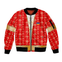 Armenian Traditional Red Sleeve Zip Bomber Jacket with Gold Cross Pattern and Flag Crest - Wonder Print Shop