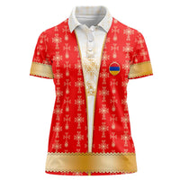 Armenian Traditional Red Women Polo Shirt with Gold Cross Pattern and Flag Crest - Wonder Print Shop