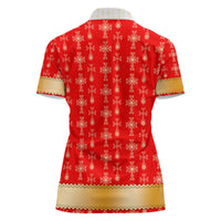 Armenian Traditional Red Women Polo Shirt with Gold Cross Pattern and Flag Crest - Wonder Print Shop