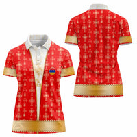Armenian Traditional Red Women Polo Shirt with Gold Cross Pattern and Flag Crest - Wonder Print Shop