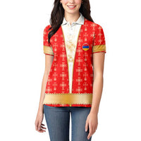 Armenian Traditional Red Women Polo Shirt with Gold Cross Pattern and Flag Crest - Wonder Print Shop