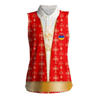 Armenian Traditional Red Women Sleeveless Polo Shirt with Gold Cross Pattern and Flag Crest - Wonder Print Shop
