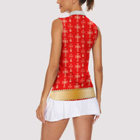 Armenian Traditional Red Women Sleeveless Polo Shirt with Gold Cross Pattern and Flag Crest - Wonder Print Shop