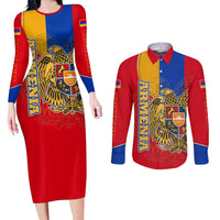 Armenia Flag Couples Matching Long Sleeve Bodycon Dress and Long Sleeve Button Shirt with National Coat of Arms and Map Design - Wonder Print Shop