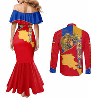 Armenia Flag Couples Matching Mermaid Dress and Long Sleeve Button Shirt with National Coat of Arms and Map Design - Wonder Print Shop