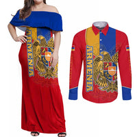 Armenia Flag Couples Matching Off Shoulder Maxi Dress and Long Sleeve Button Shirt with National Coat of Arms and Map Design - Wonder Print Shop