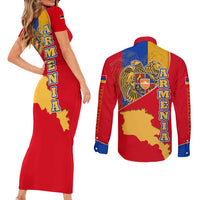 Armenia Flag Couples Matching Short Sleeve Bodycon Dress and Long Sleeve Button Shirt with National Coat of Arms and Map Design - Wonder Print Shop