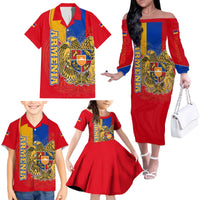 Armenia Flag Family Matching Off The Shoulder Long Sleeve Dress and Hawaiian Shirt with National Coat of Arms and Map Design - Wonder Print Shop