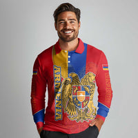 Armenia Flag Long Sleeve Polo Shirt with National Coat of Arms and Map Design - Wonder Print Shop