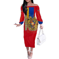 Armenia Flag Off The Shoulder Long Sleeve Dress with National Coat of Arms and Map Design - Wonder Print Shop