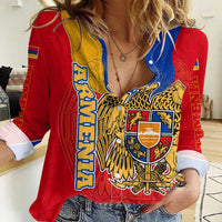 Armenia Flag Women Casual Shirt with National Coat of Arms and Map Design - Wonder Print Shop