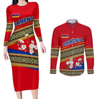 Armenia Traditional Pattern Couples Matching Long Sleeve Bodycon Dress and Long Sleeve Button Shirt with Floral Motif and National Flag Design - Wonder Print Shop