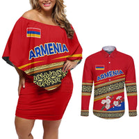 Armenia Traditional Pattern Couples Matching Off Shoulder Short Dress and Long Sleeve Button Shirt with Floral Motif and National Flag Design - Wonder Print Shop