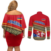 Armenia Traditional Pattern Couples Matching Off Shoulder Short Dress and Long Sleeve Button Shirt with Floral Motif and National Flag Design - Wonder Print Shop