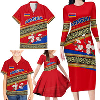 Armenia Traditional Pattern Family Matching Long Sleeve Bodycon Dress and Hawaiian Shirt with Floral Motif and National Flag Design - Wonder Print Shop