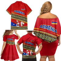 Armenia Traditional Pattern Family Matching Off Shoulder Short Dress and Hawaiian Shirt with Floral Motif and National Flag Design - Wonder Print Shop