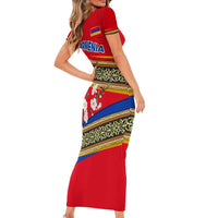Armenia Traditional Pattern Short Sleeve Bodycon Dress with Floral Motif and National Flag Design - Wonder Print Shop