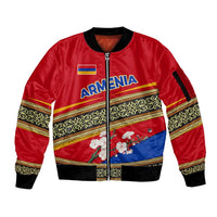 Armenia Traditional Pattern Sleeve Zip Bomber Jacket with Floral Motif and National Flag Design - Wonder Print Shop