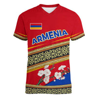 Armenia Traditional Pattern Women V-Neck T-Shirt with Floral Motif and National Flag Design - Wonder Print Shop