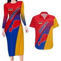 Armenia Flag Colors Couples Matching Long Sleeve Bodycon Dress and Hawaiian Shirt with National Emblem and Map Design - Wonder Print Shop