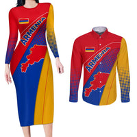 Armenia Flag Colors Couples Matching Long Sleeve Bodycon Dress and Long Sleeve Button Shirt with National Emblem and Map Design - Wonder Print Shop