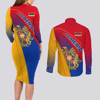 Armenia Flag Colors Couples Matching Long Sleeve Bodycon Dress and Long Sleeve Button Shirt with National Emblem and Map Design - Wonder Print Shop