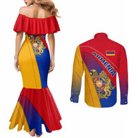 Armenia Flag Colors Couples Matching Mermaid Dress and Long Sleeve Button Shirt with National Emblem and Map Design - Wonder Print Shop