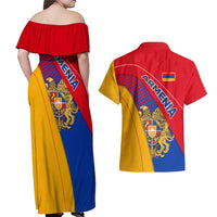 Armenia Flag Colors Couples Matching Off Shoulder Maxi Dress and Hawaiian Shirt with National Emblem and Map Design - Wonder Print Shop