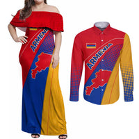 Armenia Flag Colors Couples Matching Off Shoulder Maxi Dress and Long Sleeve Button Shirt with National Emblem and Map Design - Wonder Print Shop
