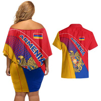 Armenia Flag Colors Couples Matching Off Shoulder Short Dress and Hawaiian Shirt with National Emblem and Map Design - Wonder Print Shop