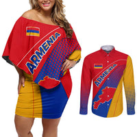 Armenia Flag Colors Couples Matching Off Shoulder Short Dress and Long Sleeve Button Shirt with National Emblem and Map Design - Wonder Print Shop