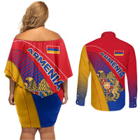 Armenia Flag Colors Couples Matching Off Shoulder Short Dress and Long Sleeve Button Shirt with National Emblem and Map Design - Wonder Print Shop