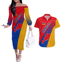 Armenia Flag Colors Couples Matching Off The Shoulder Long Sleeve Dress and Hawaiian Shirt with National Emblem and Map Design - Wonder Print Shop