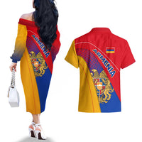 Armenia Flag Colors Couples Matching Off The Shoulder Long Sleeve Dress and Hawaiian Shirt with National Emblem and Map Design - Wonder Print Shop