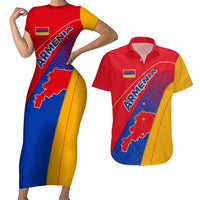 Armenia Flag Colors Couples Matching Short Sleeve Bodycon Dress and Hawaiian Shirt with National Emblem and Map Design - Wonder Print Shop