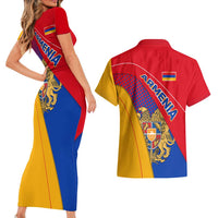 Armenia Flag Colors Couples Matching Short Sleeve Bodycon Dress and Hawaiian Shirt with National Emblem and Map Design - Wonder Print Shop
