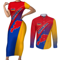 Armenia Flag Colors Couples Matching Short Sleeve Bodycon Dress and Long Sleeve Button Shirt with National Emblem and Map Design - Wonder Print Shop