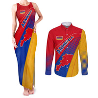 Armenia Flag Colors Couples Matching Tank Maxi Dress and Long Sleeve Button Shirt with National Emblem and Map Design - Wonder Print Shop
